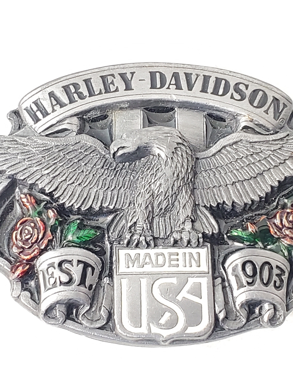 Harley Davidson Belt Buckle Vintage 1980's Solid Pewter Red Roses Green Leaves